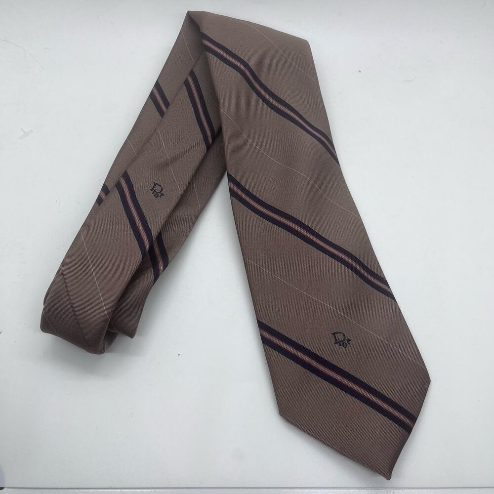 Christian Dior Light Brown Logo Striped Tie